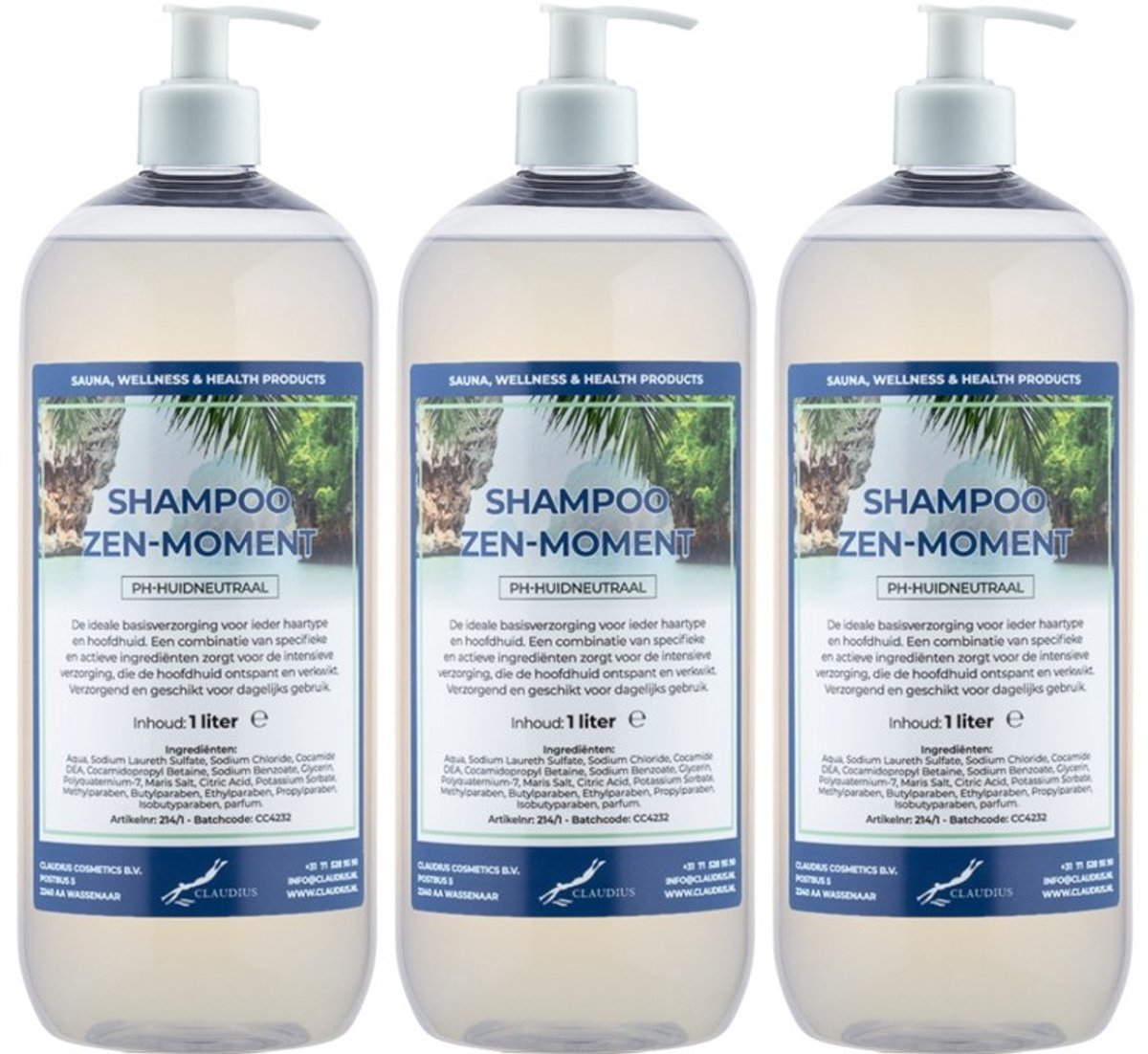 Shampoo Zen Moment - 1 liter (transparant) - 3 stuks - met witte pomp - Voordeelverpakking - Haarverzorging