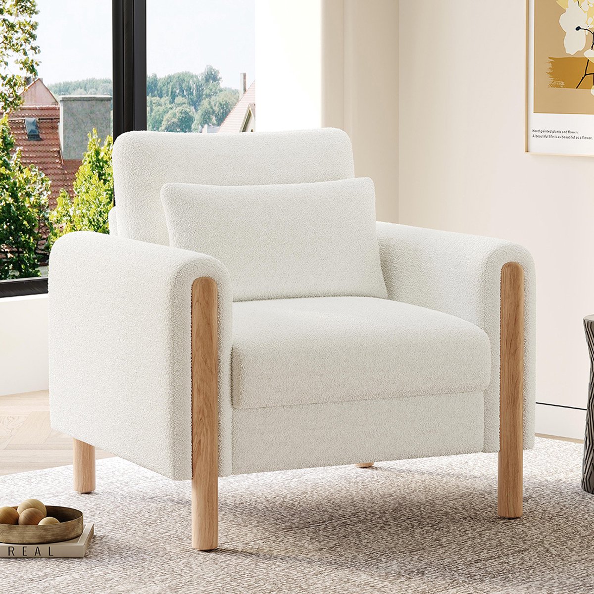 Pugsdrly Moderne fauteuil met dik kussen, comfortabele fauteuil met zachte vulling, relaxfauteuil voor woonkamer, kantoor of slaapkamer, comfortabele fauteuil, wit.