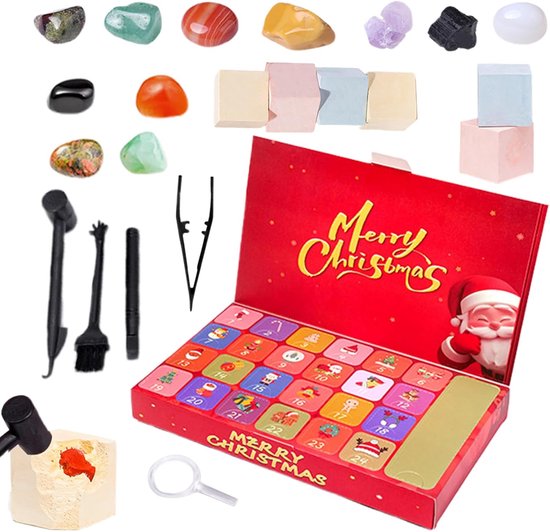 Adventskalenders - Met gereedschap - Kerstaftelcadeau - Adventskalender voor kinderen - Bevat 24 edelstenen, mineralen en fossielen - Kerstmis - Kerstaftelkalender - Rocks - Leuke - Complete edelsteen en fossielencollectie