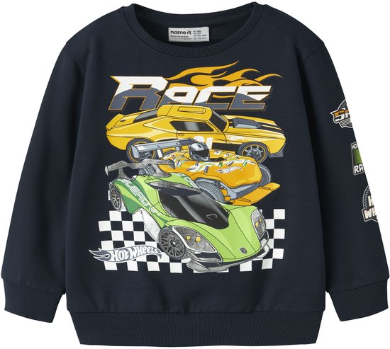 Donkerblauwe sweater met opdruk van drie raceauto's (geel, oranje en groen) met de tekst 'Race'.