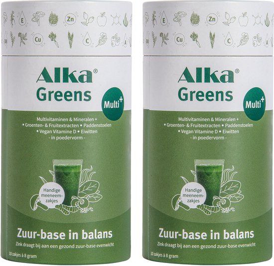 Twee identieke blikken Alka Greens Multi+ op een witte achtergrond. Op beide blikken staat "Zuur-base in balans".