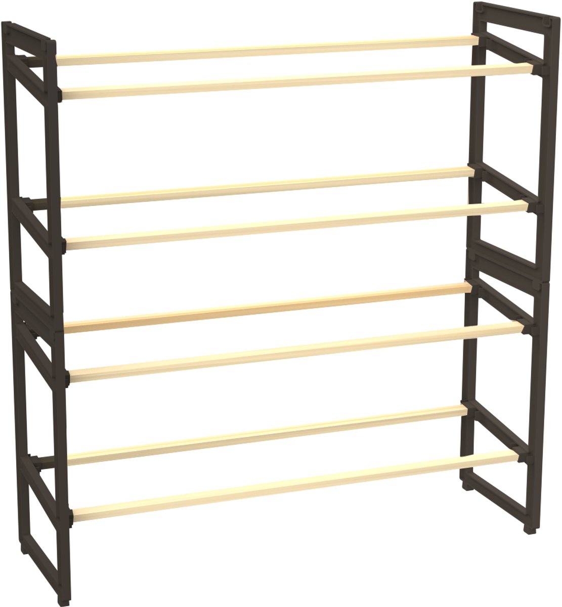 FixWood Houten Schoenenrek – 2-in-1 Stapelbaar Schoenenrek – 2 of 4 Lagen – Compact, Duurzaam en Stijlvol – Zwart/Hout – 65x26x52 cm