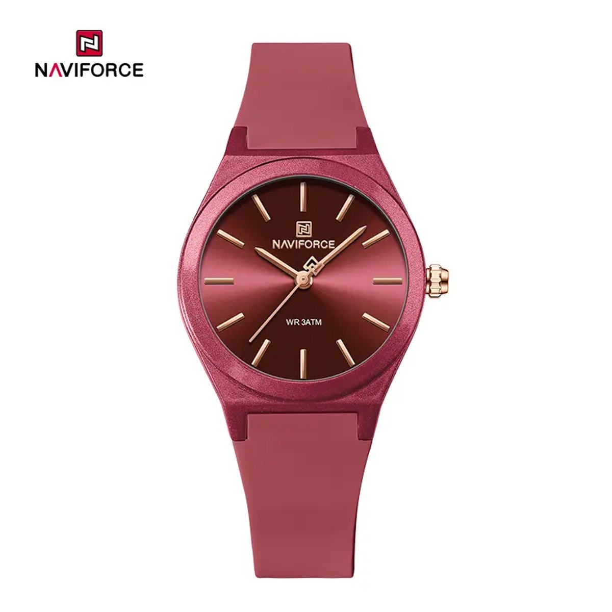 NAVIFORCE horloge met rode gefumeerde siliconen polsband, rode wijzerplaat met gouden wijzers en rode horlogekast voor dames met stijl (Model 5056 RR)