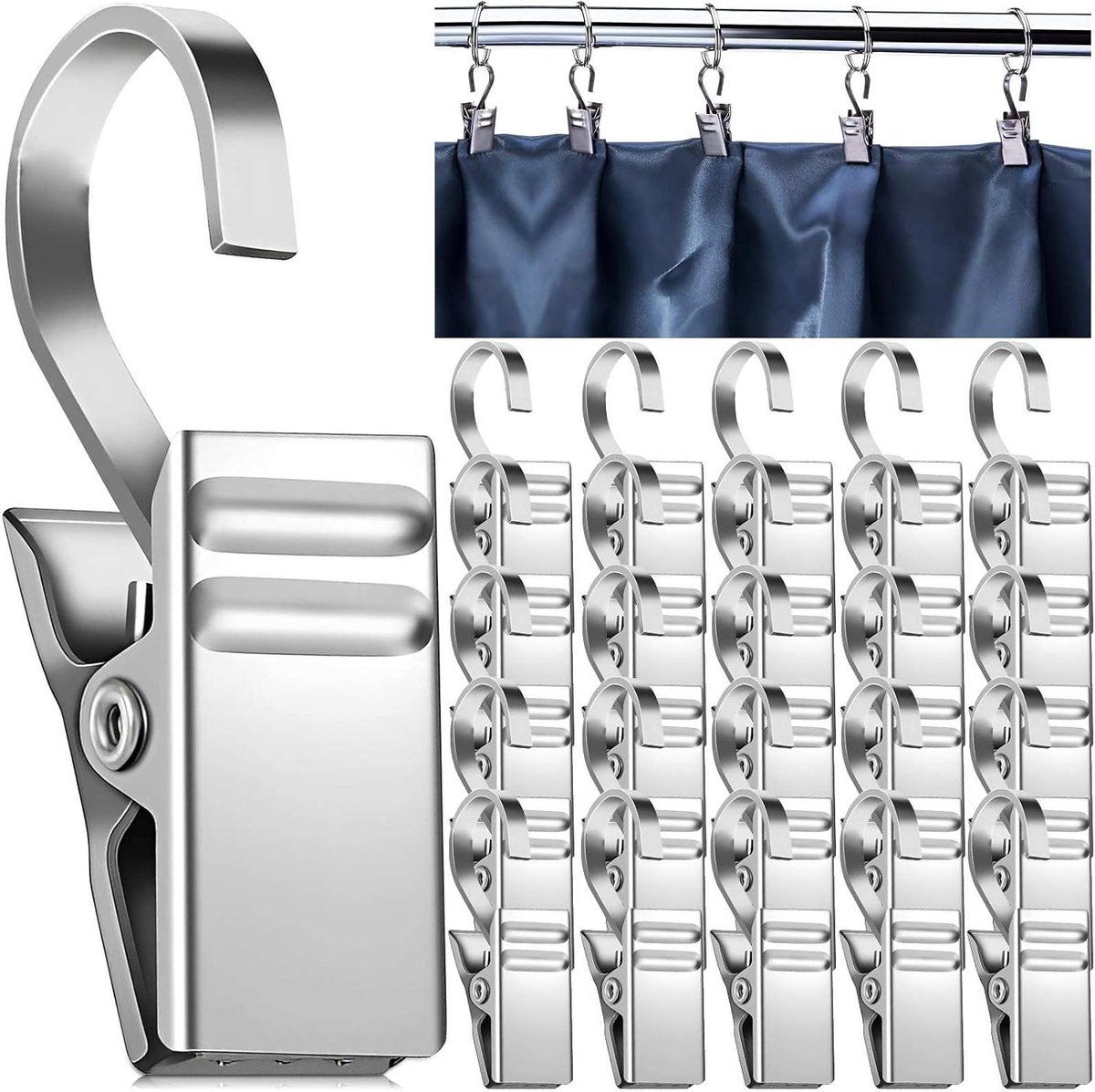 Allecto plus - Gordijnhaken met veerclip, 100 stuks, clips voor gordijnen en tang - Roestvrij staal, decoratie voor thuis - Zilverkleurig