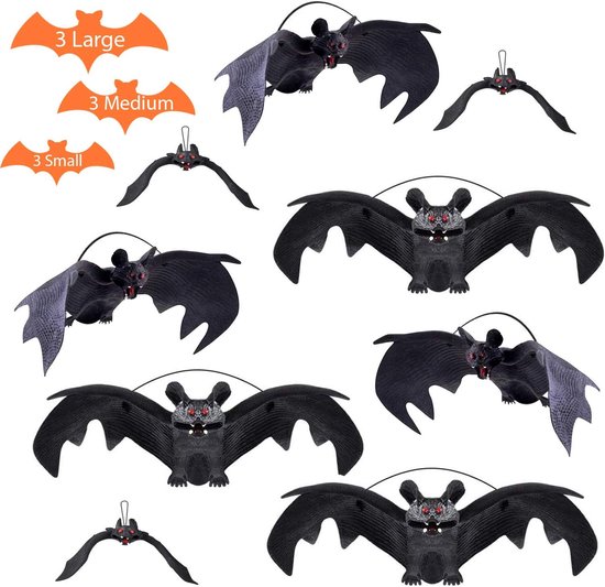 Halloween Decoratie Set, Halloween Vleermuizen Rubber Realistische (3 Grote + 3 Middelgrote + 3 Kleine) Vleermuis aan Hang, Hanger Decoratie, Enge Verschrikking
