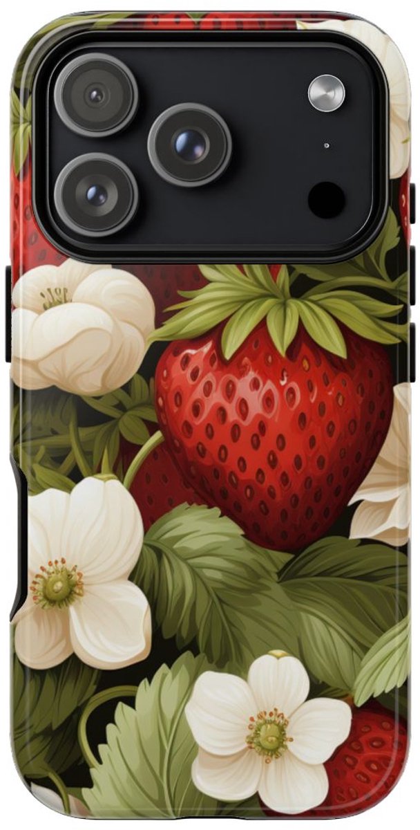 Aardbeienpatroon met Witte Bloemen – Telefoonhoesje Geschikt voor iPhone 17 Pro