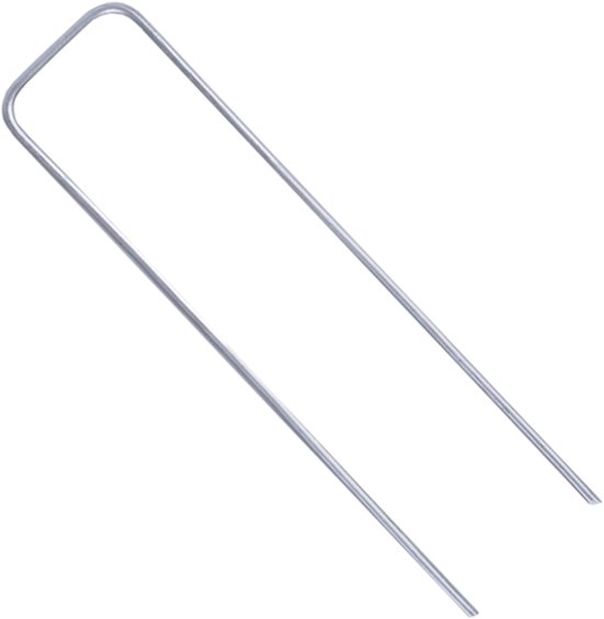 Une seule cheville métallique argentée en forme de U sur fond blanc.