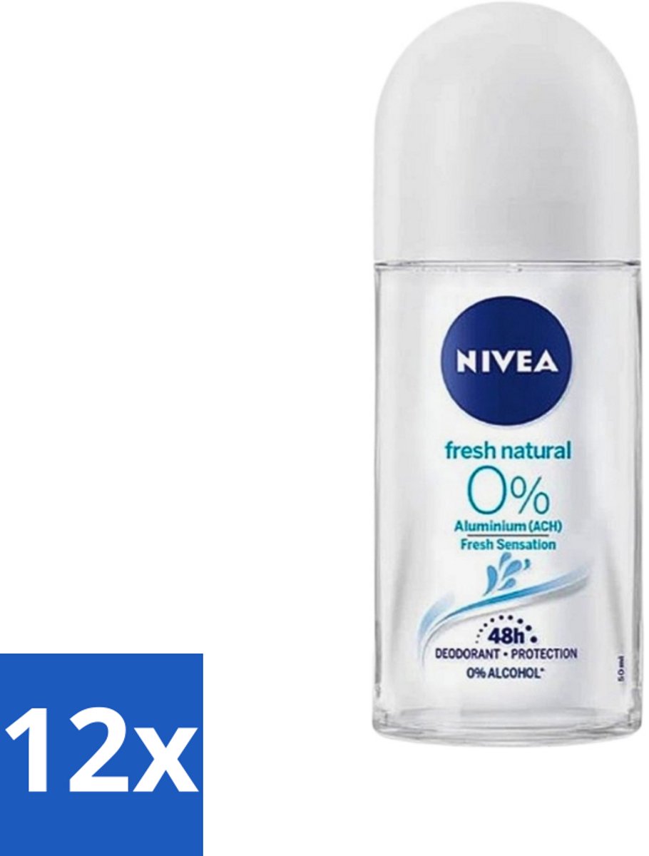12 x Nivea - Roll-On - Alu Free - Fresh Natural - 0% Aluminum - 50 ml - Aluminiumvrije Deodorant - Natuurlijke Frisheid - Huidvriendelijke Deodorant - 0% Aluminium - Deodorant Voor Gevoelige Huid