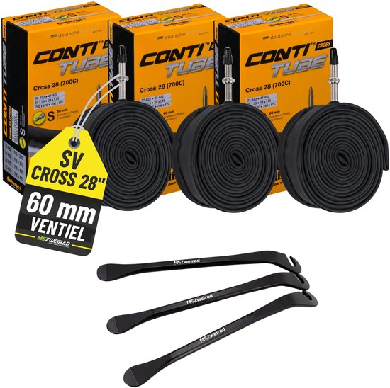 Drie zwarte Continental binnenbanden Cross 28" met 60mm ventiel, verpakt in dozen.