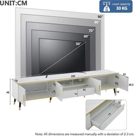 Afmetingen van de witte tv-kast met marmerlook blad, gouden handgrepen en zwarte poten. Maximale belasting 30 kg.