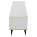Zijanzicht van een witte tv-kast met marmerlook blad, gouden accenten en zwarte pootjes met gouden dopjes.