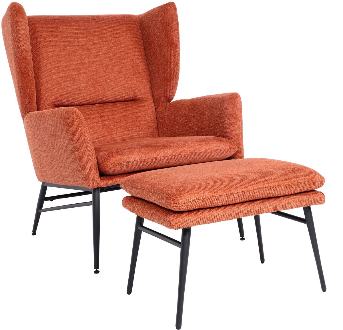 MCW Lounge fauteuil met voetenbank MCW-L62, wing chair gestoffeerde fauteuil cocktail fauteuil kruk, stof/textiel ~ terracotta-bruin