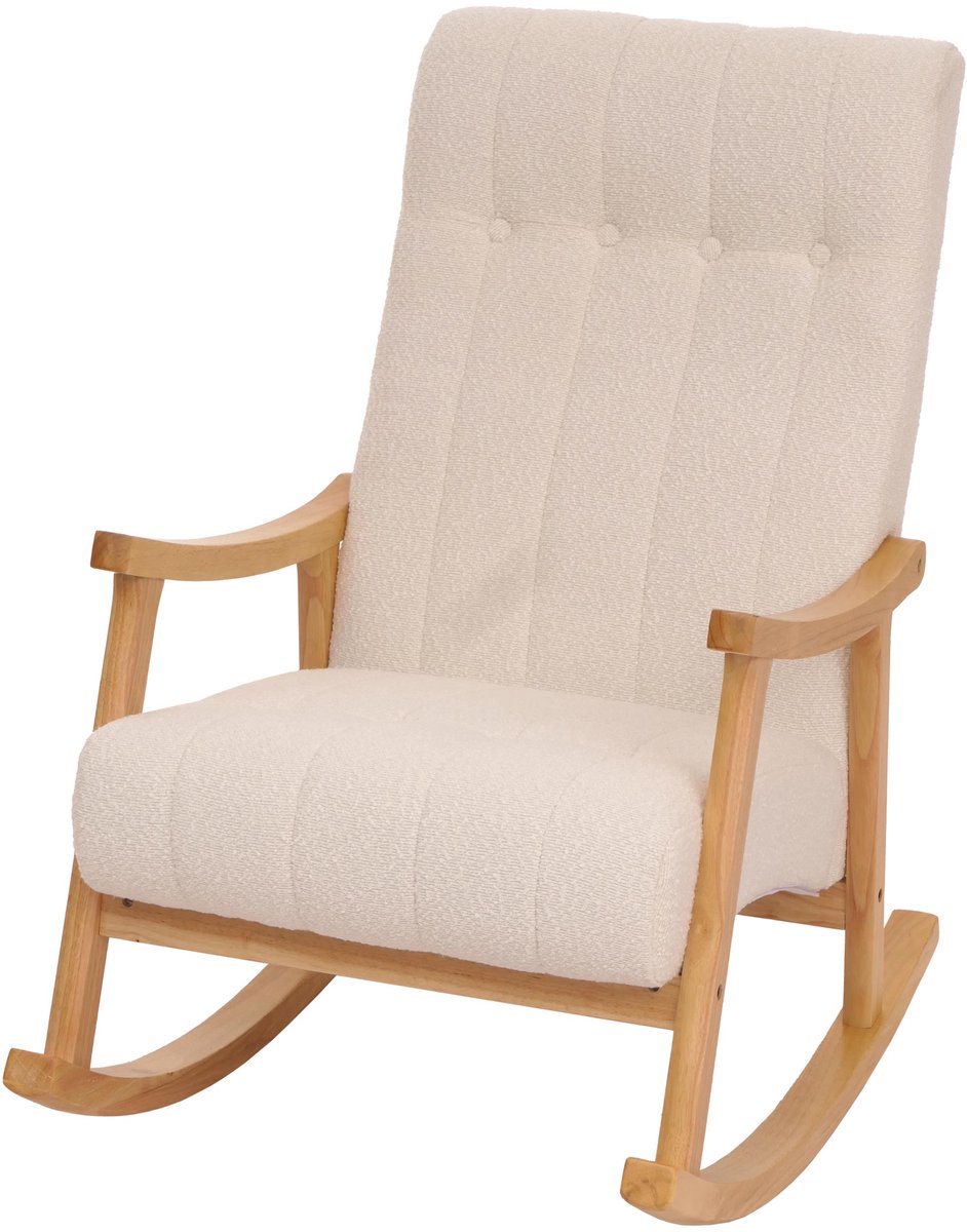 Schommelstoel MCW-K10, relaxfauteuil, hout MVG stof/textiel bouclé (450 g/m²) ~ crème, frame naturel