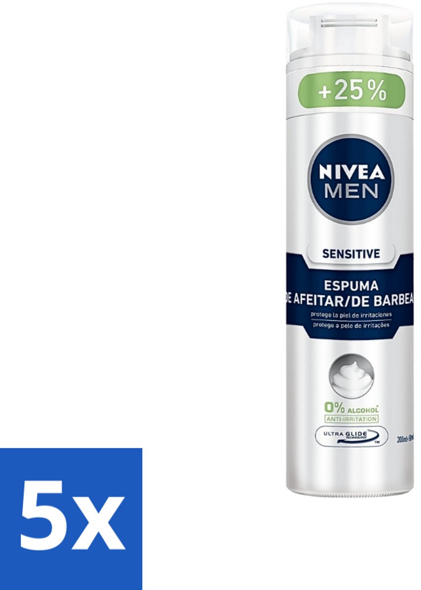 5 x Nivea - Men - Sensitive Shaving Foam - Beschermt Tegen Irritaties - 250 ml - Scheerschuim Voor Gevoelige Huid - Gevoelige Huid - Scheerbeurt - Irritaties - Aloe Vera