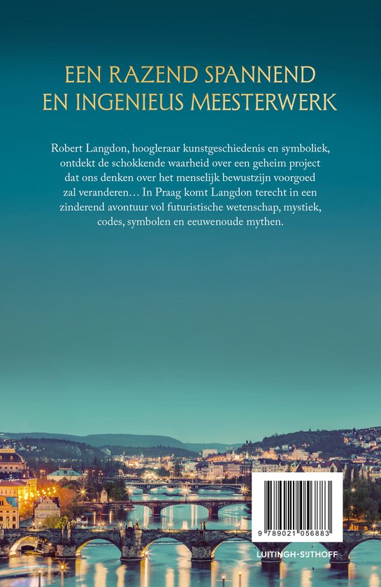 Boekomslag met de tekst 'Een razend spannend en ingenieus meesterwerk'. Op de achtergrond een stadsgezicht van Praag met bruggen over een rivier bij avond.