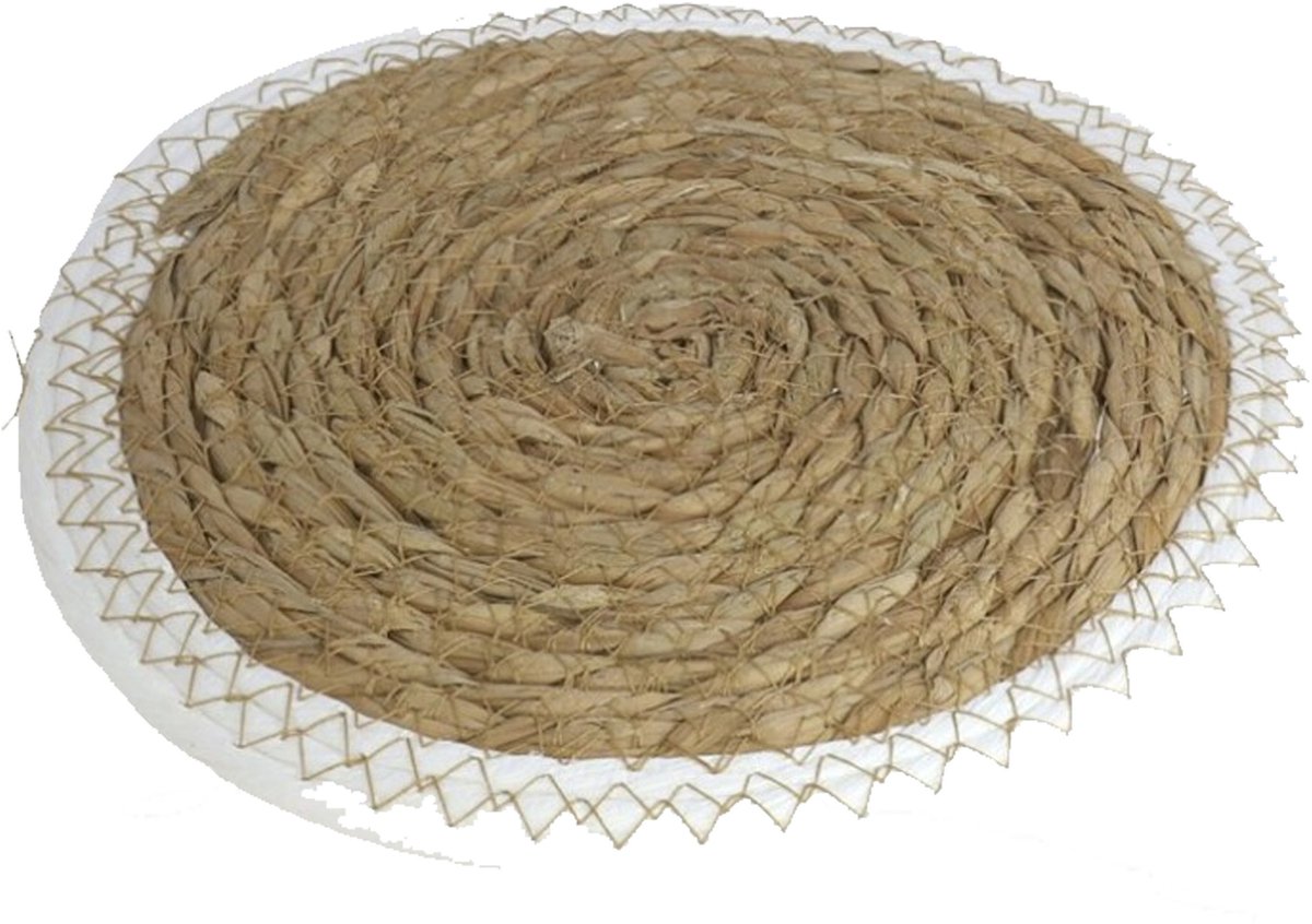 Gerimport Pannen onderzetters - Set van 4x stuks - zeegras - rond - 28x28 cm - naturel/wit - stevig - groot formaat
