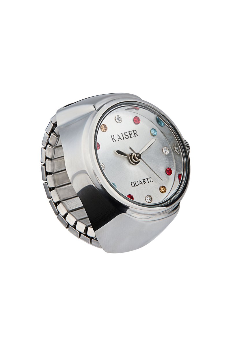 Kaiser Ringhorloge Vinger Horloge Ring - Zilver met Veelkleurige Steentjes - One Size Fits All Rekband - Quartz - 22mm