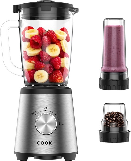 Blender 3 en 1 COOK-IT - 1500 W - Design en acier inoxydable - Bol en Verres 1,75 L - Moulin à épices 200 ml - Gobelet à smoothie à emporter 600 ml - 2 vitesses + fonction Pulse - Mixeur de cuisine multifonction puissant
