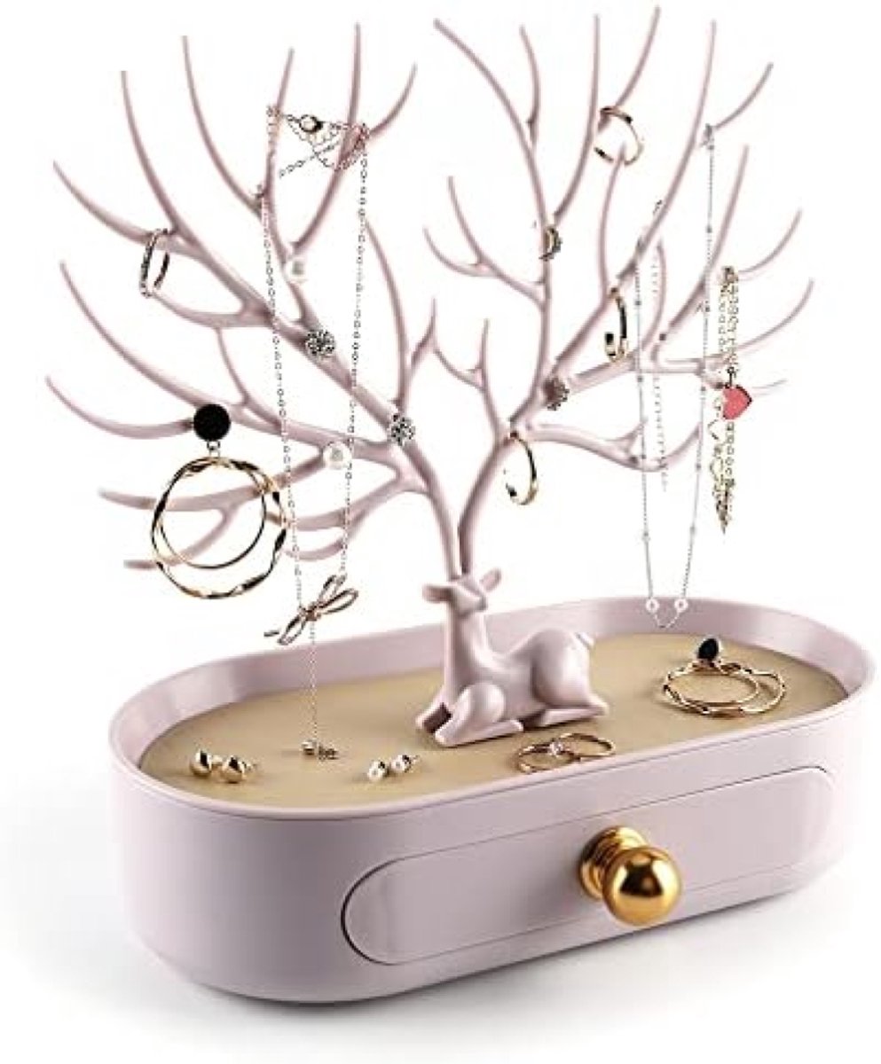 Sieradenhouder Hert Design - Opbergstandaard met Lade en Dienblad voor Ring, Oorbellen, Halsketting, Armband - Roze Organizer voor Sieraden