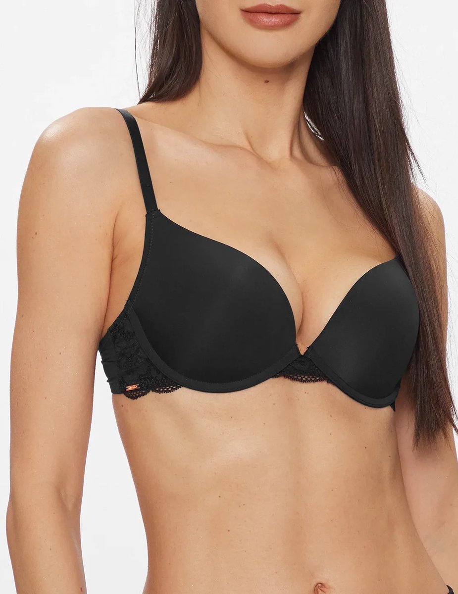 Dorina Push up / Plunge BH met beugel - Rosa - Kanten bh band - 3/4 cup - Decollete Bh - 75B - Zwart