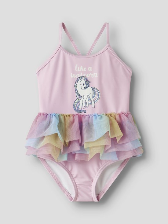 Roze badpak met 'like a unicorn' print en regenboog tule rokje.