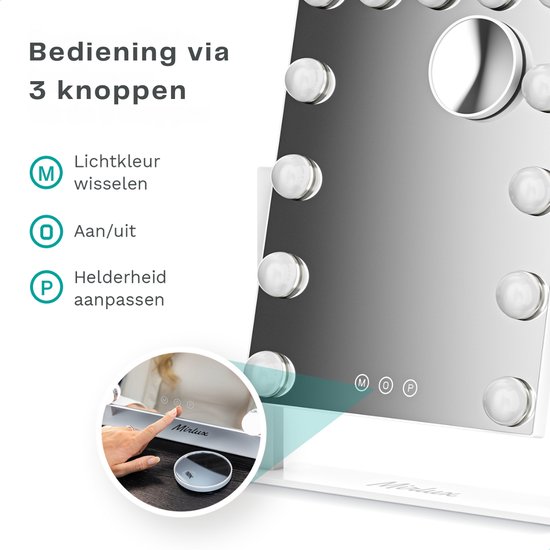 Mirlux Hollywood spiegel met 13 LED lampen, bediening via 3 knoppen voor lichtkleur, aan/uit en helderheid.