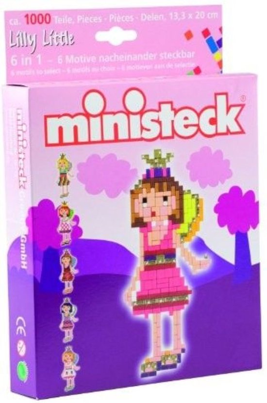 Ministeck doos met 6 feeën in roze en paarse kleuren, met prinsessenjurken.