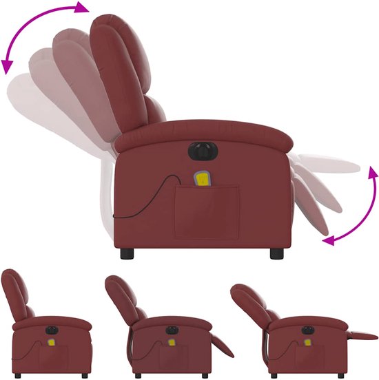 Rood leren massagestoel, met illustraties die de verstelbare standen tonen.