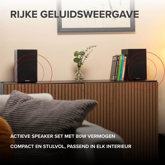 HiFi stereo set - Audizio KS02 - Boekenplank speakers - Bluetooth - 80W - Zwart van Audizio — afbeelding 3