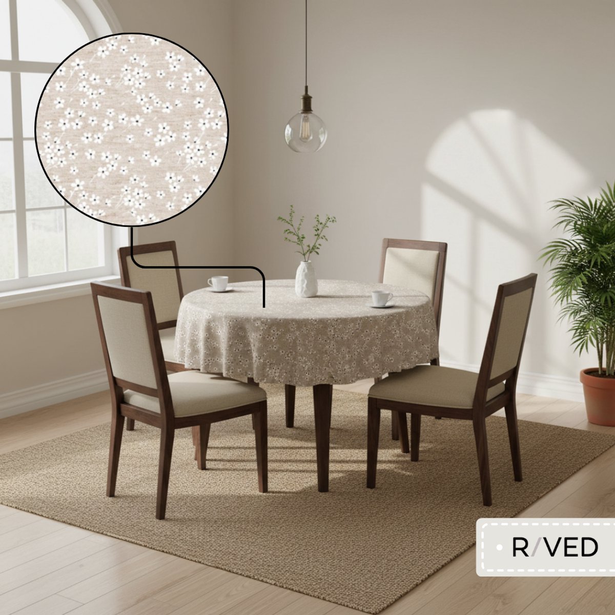 Raved - Rond Tafelkleed ø 140 cm - Madeliefjes - Beige - Waterafstotend Polyester
