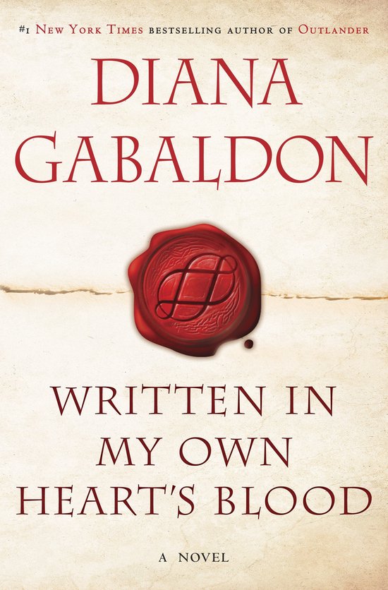 Boekomslag van "Written in My Own Heart's Blood" van Diana Gabaldon, met een rode zegel.