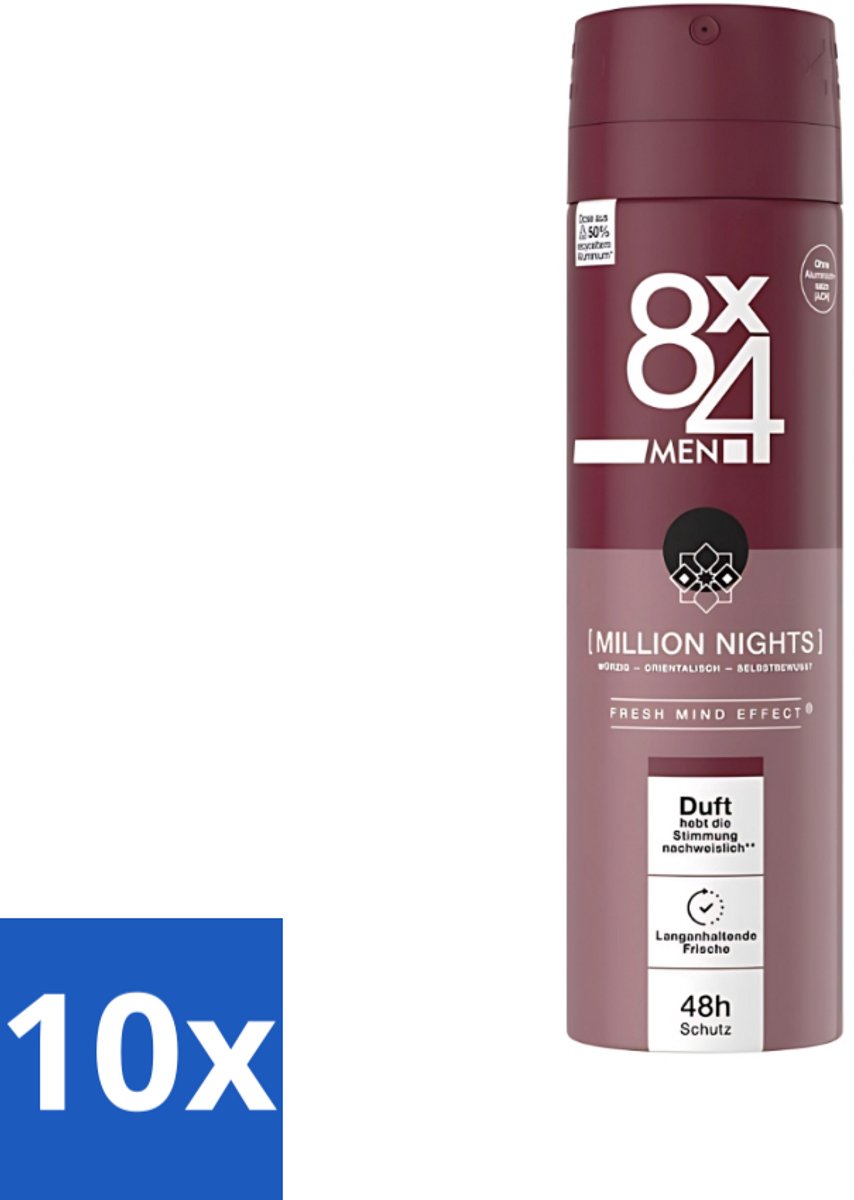 10 x 8 x 4 Deospray Men - No.18 Millions Nights - Deodorant - Voor Heren - 150 ml - Deodorant Voor Heren - Avondgeur - Langdurige Bescherming - Zweetbestendig - Verleidelijke Geur