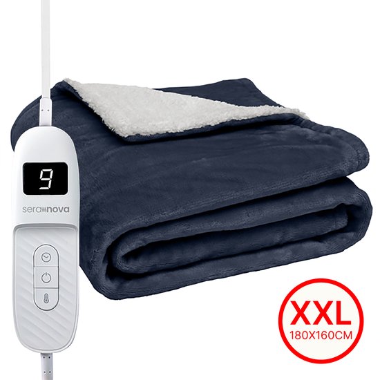Seranova Elektrische Deken XXL - 180x160 cm - 2 persoons Bovendeken - Warmtedeken - Dubbelzijdig - Fleece Sherpa - Blauw