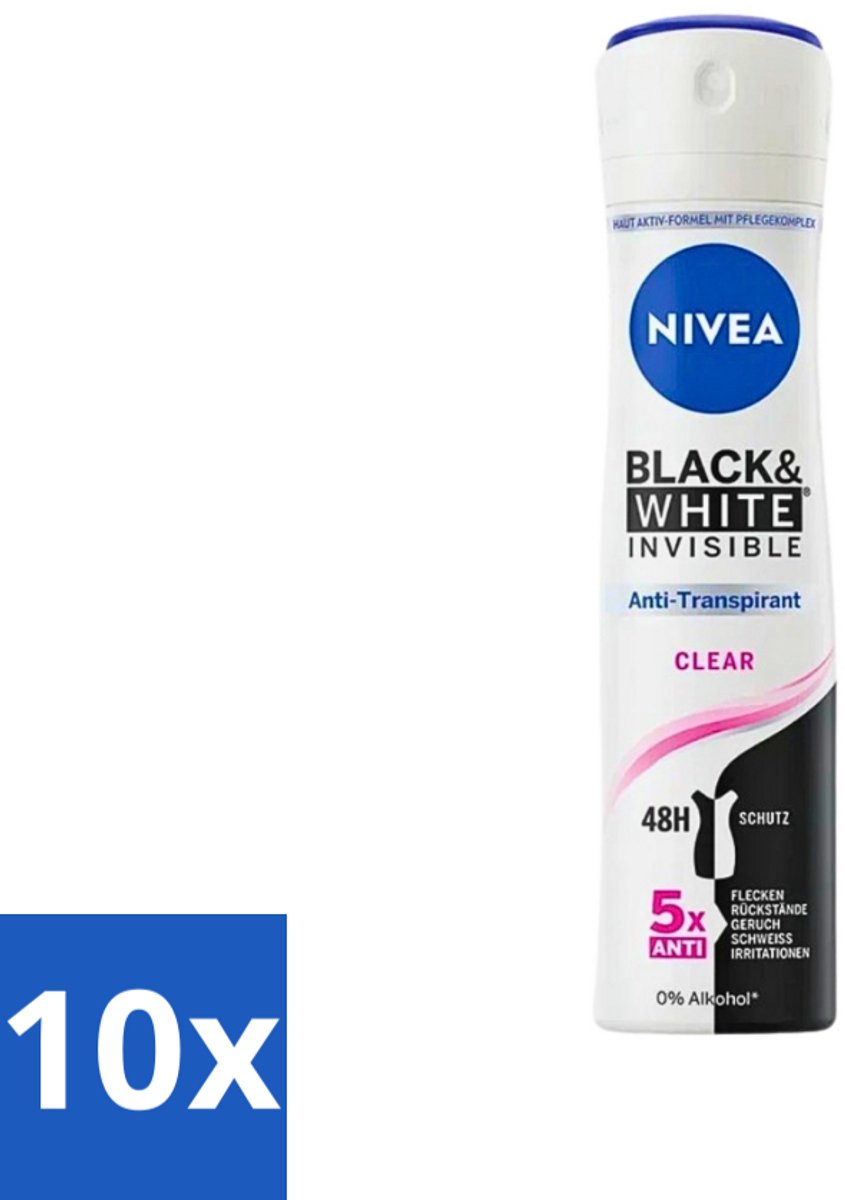 10 x Nivea - Deodorant - Spray - Black & White Invisible Clear - Anti-Transpirant - 150 ml - Anti-transpirant - Zweetbescherming - Kledingbescherming - Vlekkenvoorkomend - 48 Uur Bescherming