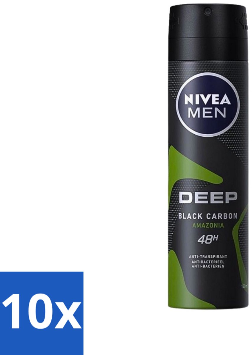 10 x Nivea - Men - Deodorant - Spray - Deep Black Carbon Amazonia - 150 ml - NIVEA MEN Deodorant Spray - Anti-transpirant - 48 Uur Bescherming - Black Carbon - Amazonia Geur