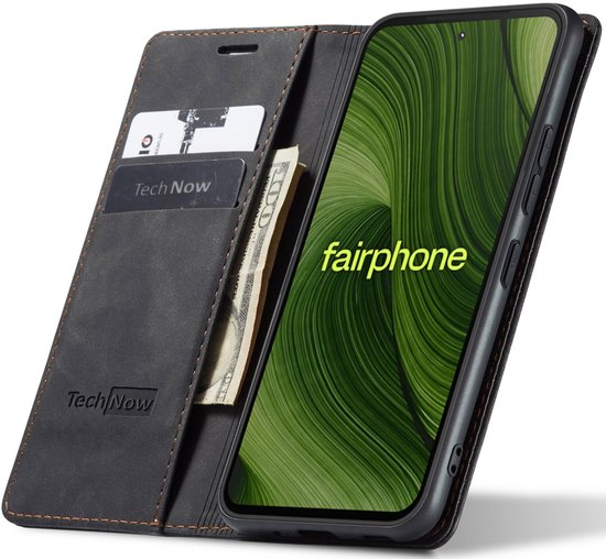 Étui livre noir TechNow pour Fairphone, avec porte-cartes et compartiment pour billets. L'intérieur est marron avec des surpiqûres orange.