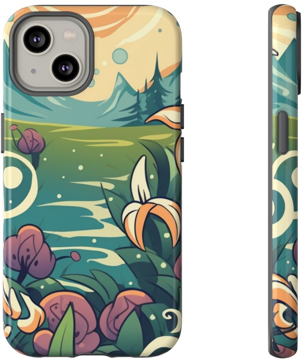 Bloemrijk Berglandschap in Cartoonstijl – Telefoonhoesje Geschikt voor iPhone 14