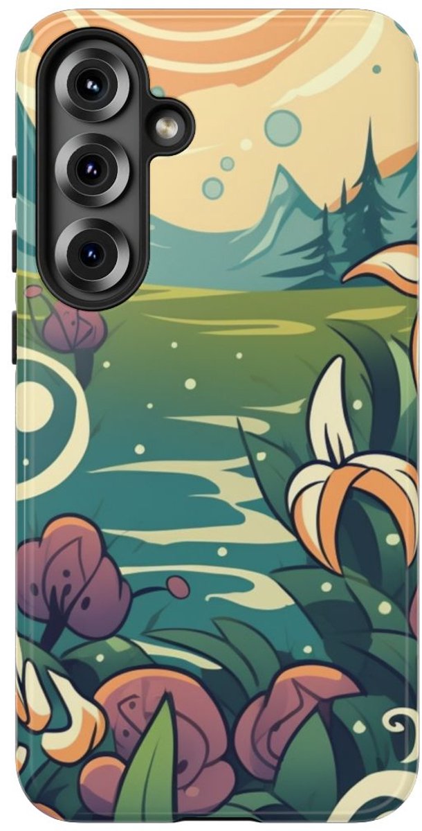 Bloemrijk Berglandschap in Cartoonstijl – Telefoonhoesje Geschikt voor Samsung Galaxy S25 Plus