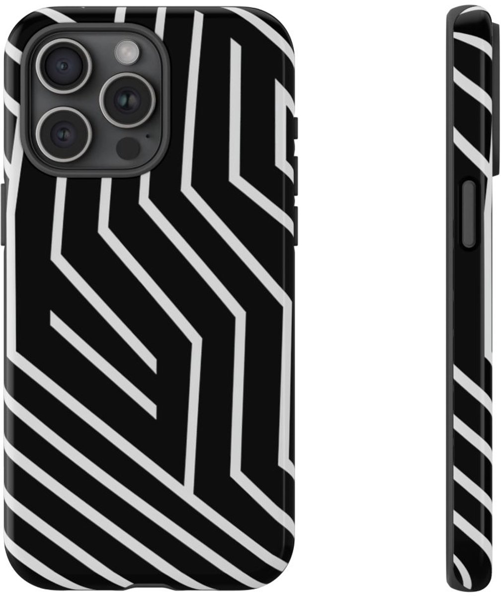 Zwart-Wit Geometrisch Lijnpatroon – Telefoonhoesje Geschikt voor iPhone 15 Pro Max
