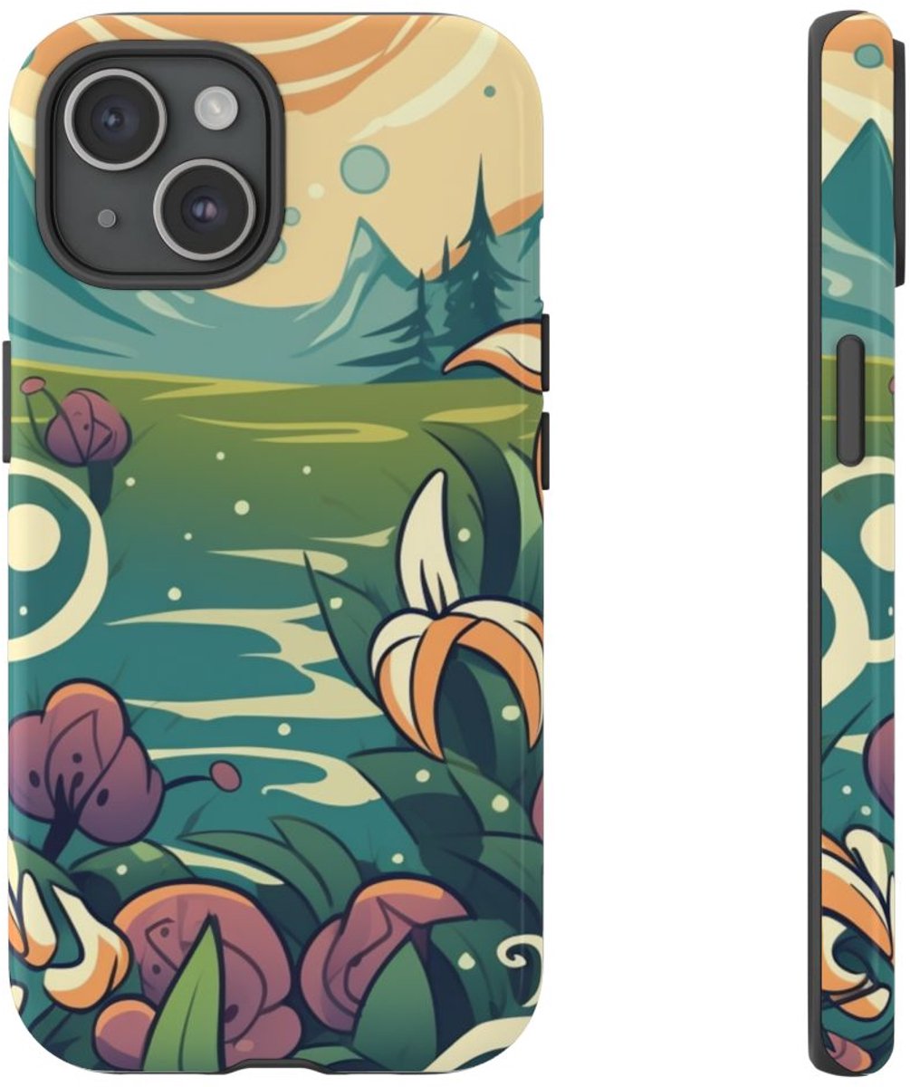 Bloemrijk Berglandschap in Cartoonstijl – Telefoonhoesje Geschikt voor iPhone 15