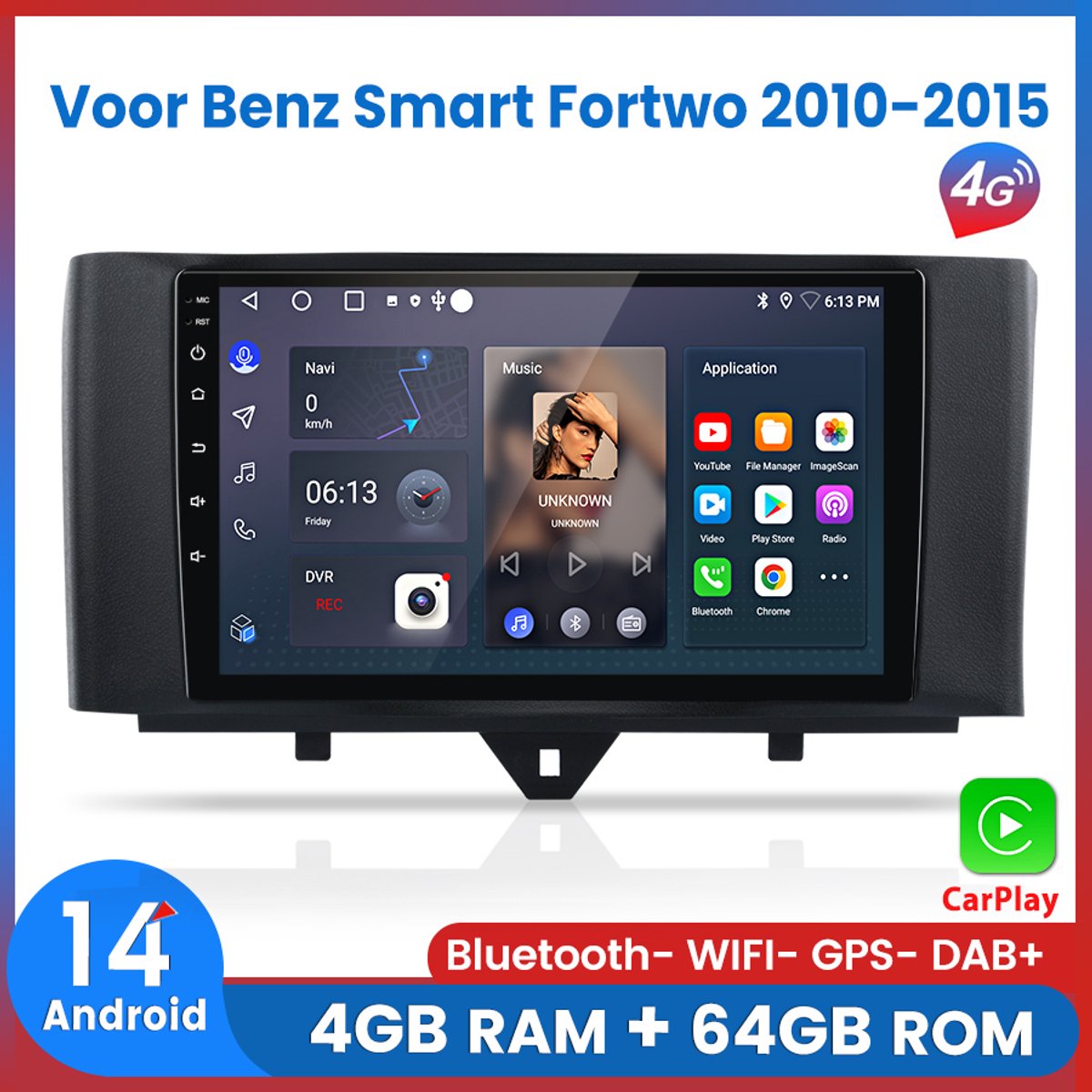 Awesafe 8-Core V1PRO 4+64GB Autoradio - Geschikt Voor Mercedes Benz Smart Fortwo 2010 t/m 2015 - Draadloze Carplay Android Auto - Touchscreen - GPS Navigatie 4G WiFi - Bluetooth Radio - 2010 2011 2012 2013 2014 2015