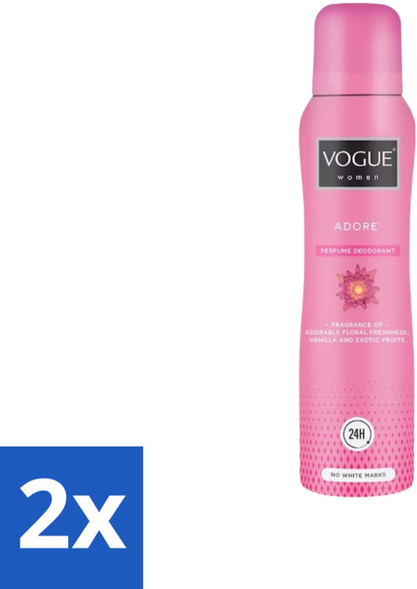 2 x Vogue Adore Parfum Deodorant 150 ml - Parfum Deodorant - 24 Uur Bescherming - Bloemige Geur - Tropisch Fruit - Amber En Vanille