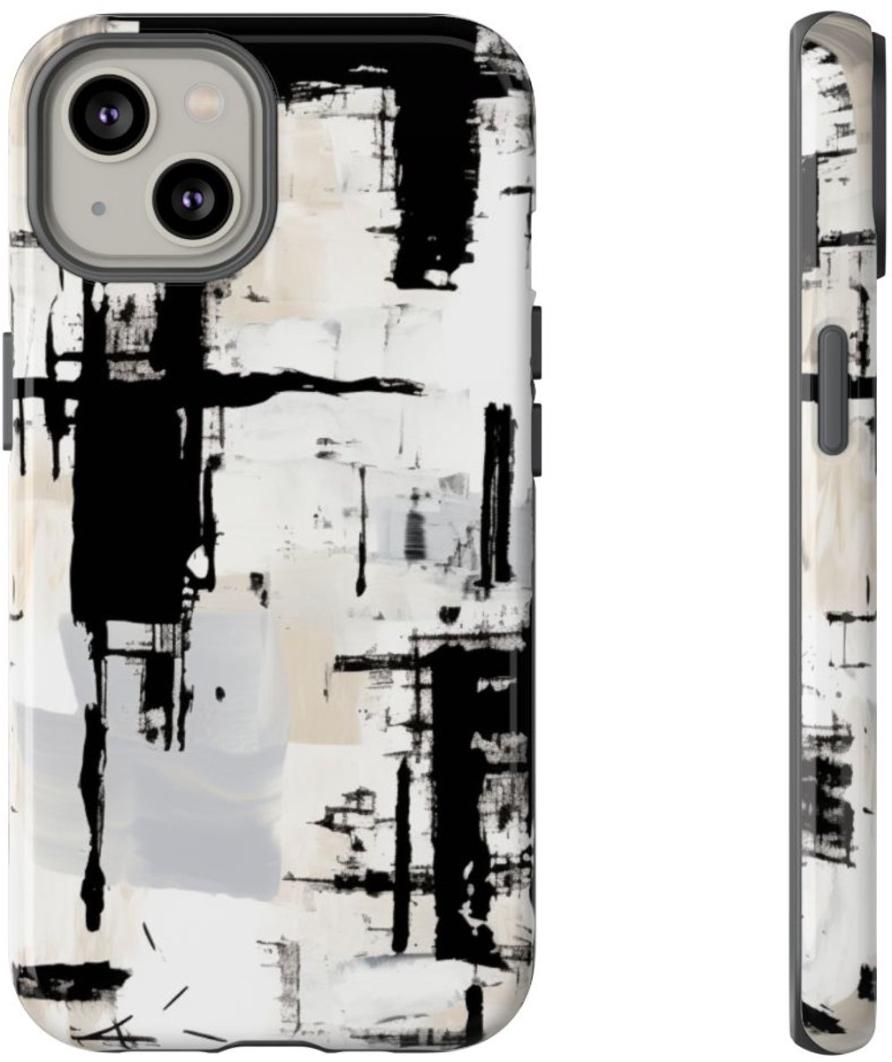 Monochrome Abstracte Penseelstreken – Telefoonhoesje Geschikt voor iPhone 14