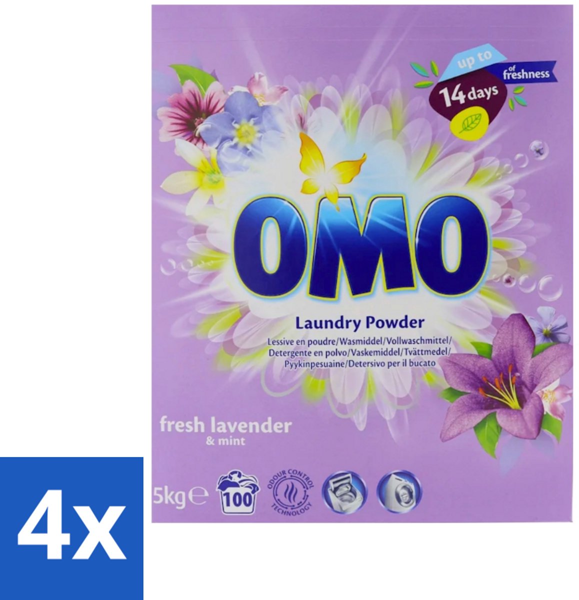 4 x Omo - Waspoeder - Lavendel & Mint - 5 kg - 100 Wasbeurten - Wasmiddel - Waspoeder - Lavendel En Mint - Wasbeurt - Wasgoed