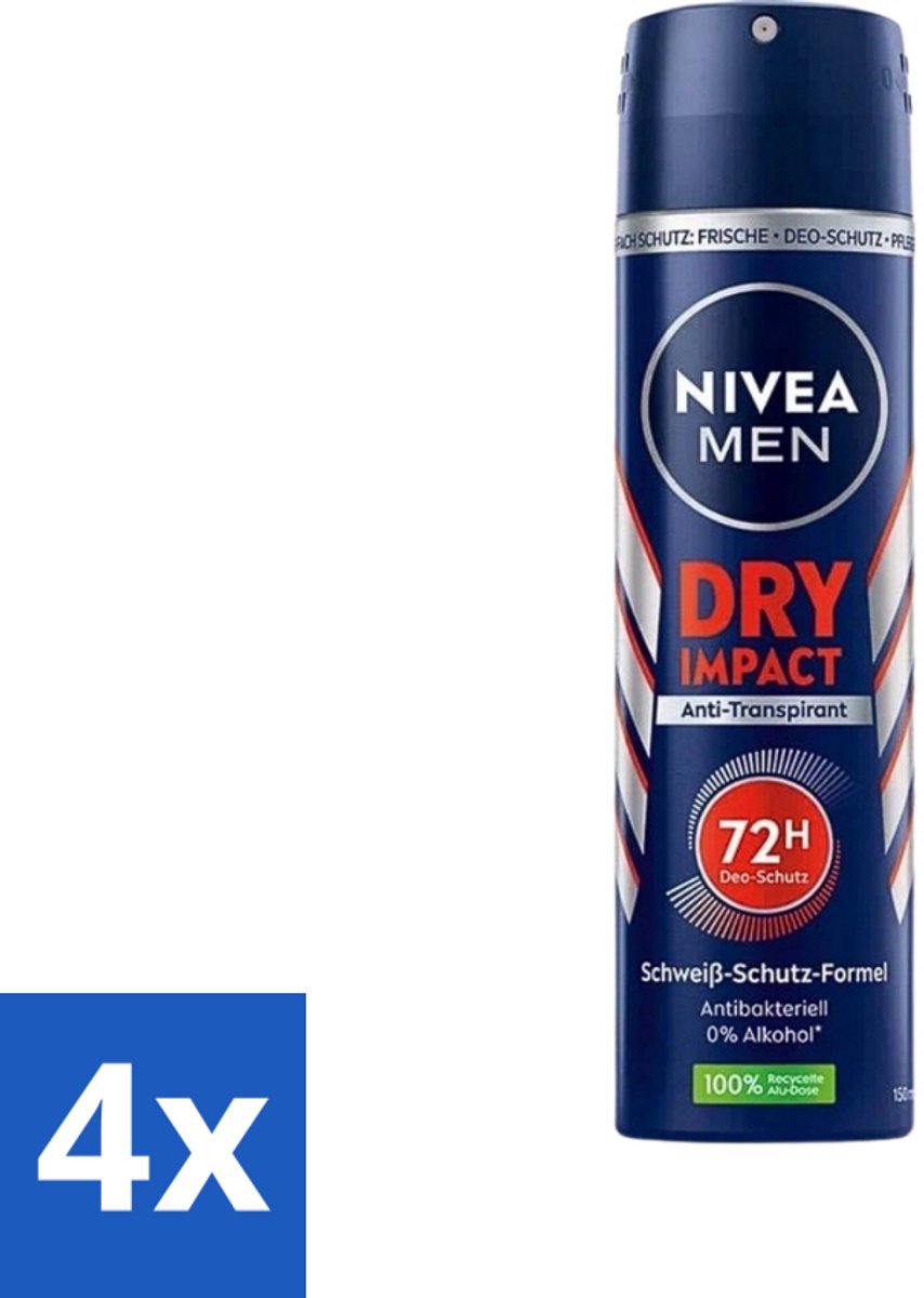 4 x Nivea - Men - Deo Spray - Dry Impact - 48 Uur Lang Werkend - 150 ml - Anti-transpirant - Deodorant Spray - 48 Uur Bescherming - Droogheid - Frisheid