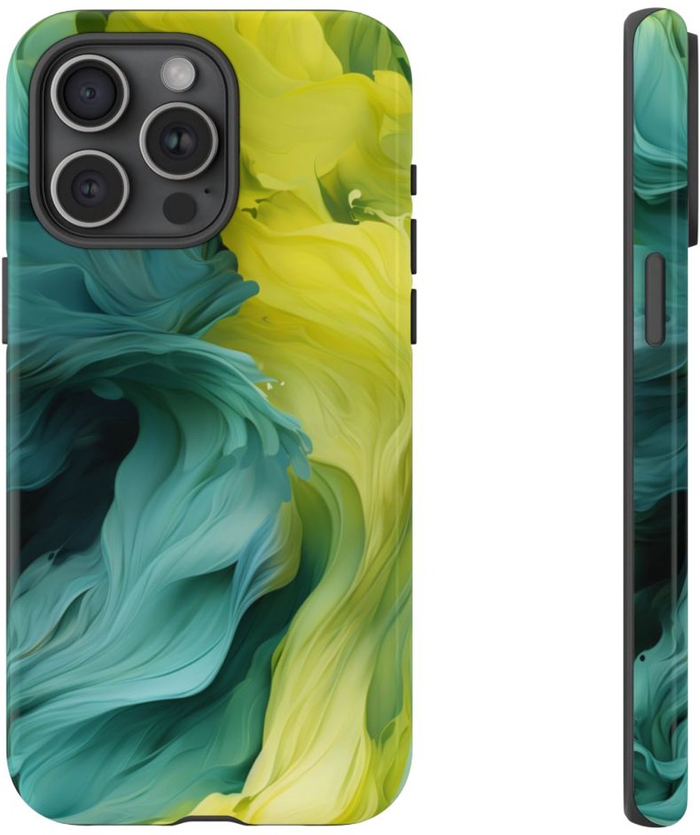 Vloeiend Gele en Groene Abstracte Kunst – Telefoonhoesje Geschikt voor iPhone 15 Pro Max