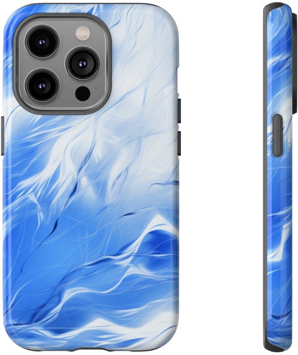 Blauw-Wit Abstract Golvend Patroon – Telefoonhoesje Geschikt voor iPhone 14 Pro