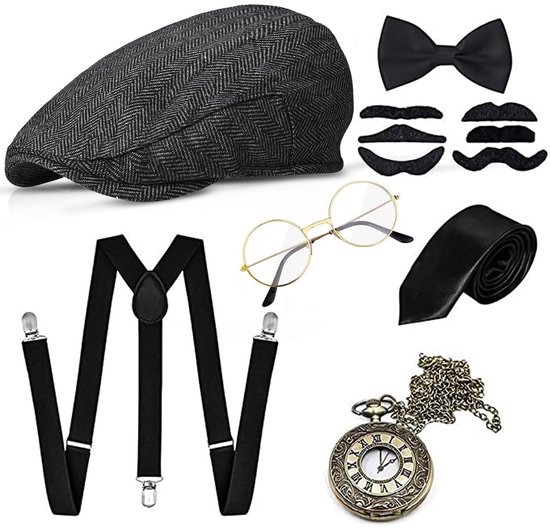 Costume homme années 1920 - avec chapeau panama, montre de poche, Bretelles, nœud papillon et lunettes à barbe - pour carnaval et Halloween