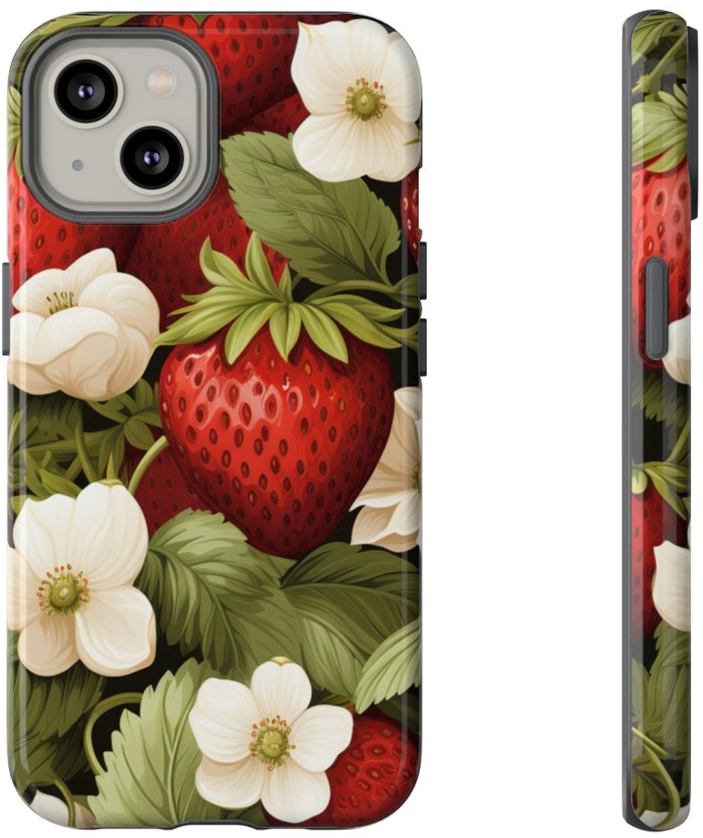 Aardbeienpatroon met Witte Bloemen – Telefoonhoesje Geschikt voor iPhone 14