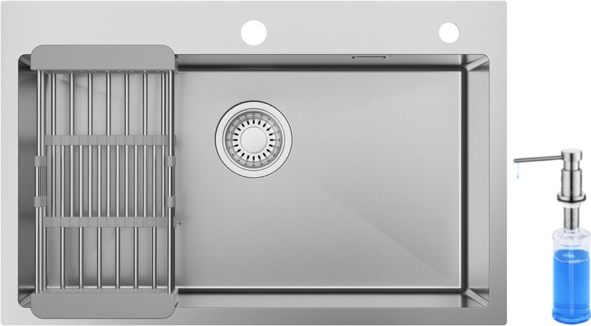 Anycee MAX Spoelbak Keuken RVS (70x45 cm) - Spoelbakken Met Afdruip en Zeepdispenser 300ML- Enkele spoelbak Met Waterafvoersysteem - Wasbak Keuken RVS